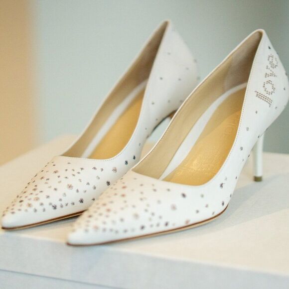 "Love Wins" White Leather Pumps with Sparkles - Picture 1 of 10